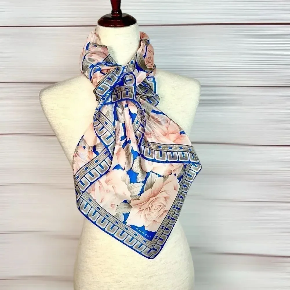 Elaine Gold for Collection XIIX Silk Square Scarf Floral Roses Pink Blue Japan